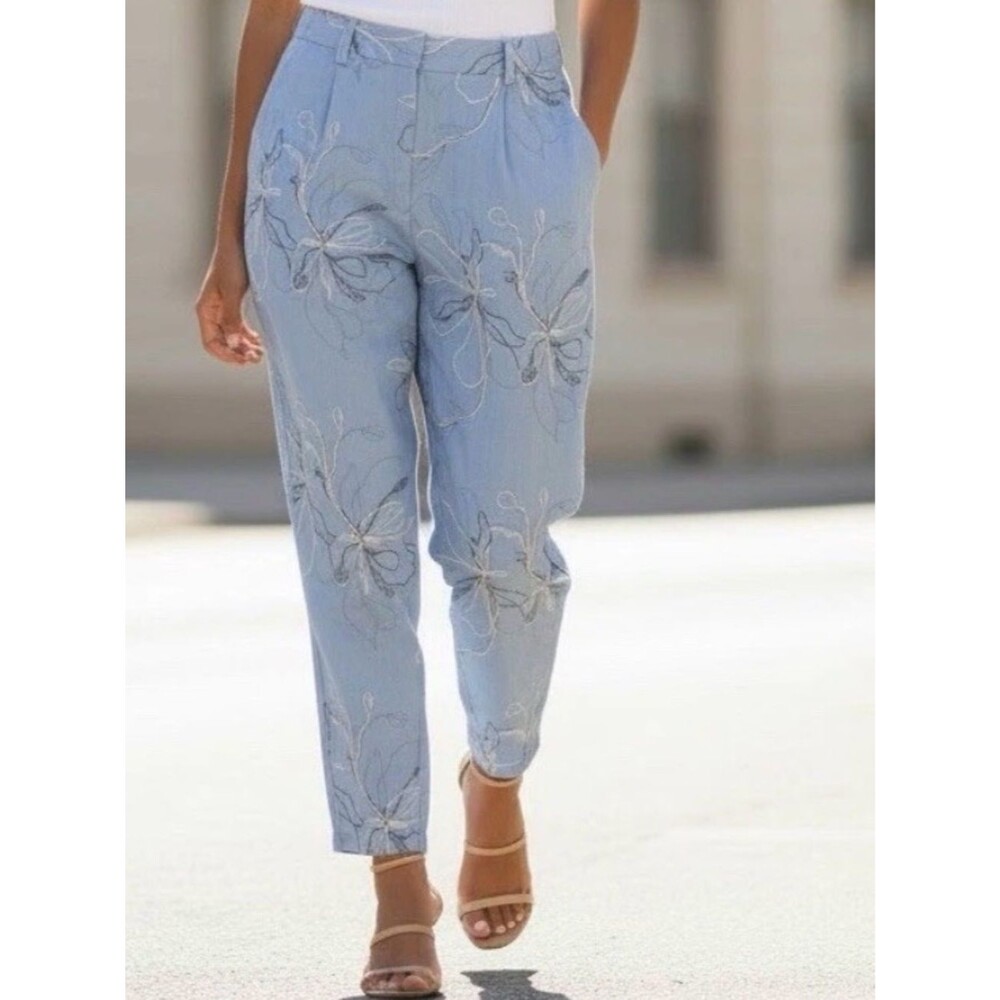 Zara Light Blue Floral Embroidered Linen Blend Ankle Pants High Rise size Small